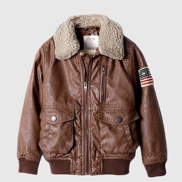 Flight Bomber Aviator Jacket with Faux Fur Collar Brown