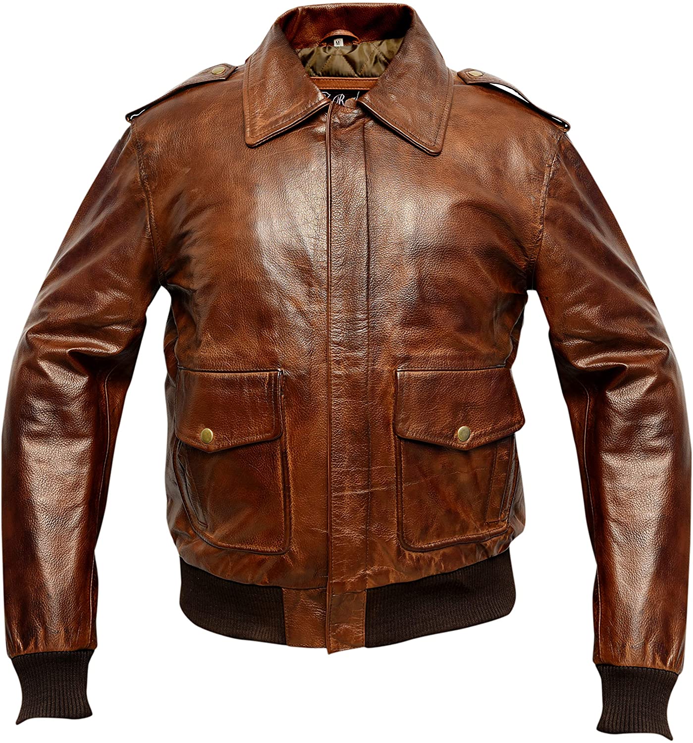 A2 Waxed Distressed Brown Real Cowhide Leather Bomber Flight Jacket