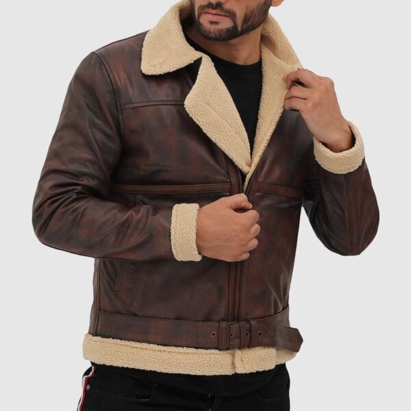 Foligno Brown Distressed Shearling Bomber Leather Jacket