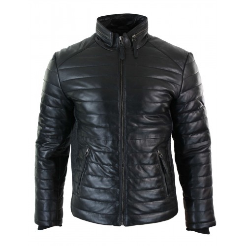 MENS REAL LEATHER GENUINE QUILTED PUFFER ZIPPED JACKET
